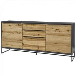 Buffet ABOU 2 portes 3 tiroirs plaqué chêne, structure laqué gris anthracite