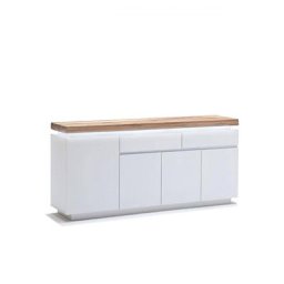 Buffet ROMINA 4 portes 2 tiroirs laqué blanc mat plateau chêne noueux huilé