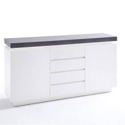 Buffet ATLANTIC CITY laqué blanc mat et béton 2 portes 4 tiroirs LED blanc inclus