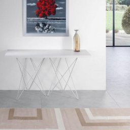 Table console extensible ouverture en livre HERMES plateau blanc mat pieds blanc largeur 140cm