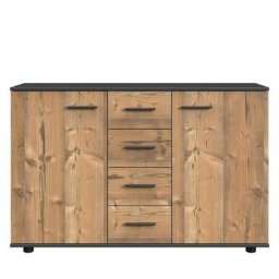 Commode Buffet IDAHO 4 tiroirs 2 portes chêne silver vieilli plateau graphite