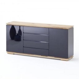 Buffet CHARLY 2 portes 4 tiroirs laqué noir brillant plateau et socle chêne noueux huilé