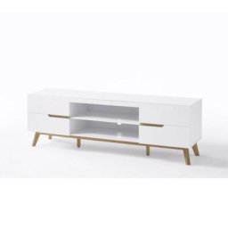 Meuble TV CACHAN blanc laque mat 4 tiroirs 2 niches piétement chêne