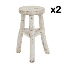Set de 2 tabourets ronds BYZO en bois blanc délavé.