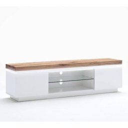 Meuble TV ROMINA 2 portes structure laquée blanc mat plateau chêne noueux huilé