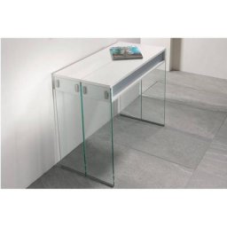 Table console extensible STEF blanc mat piétement en verre largeur 90 cm
