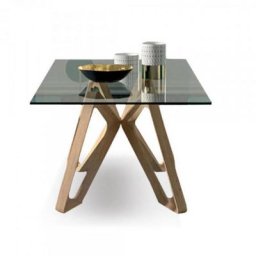 OZZIO PAPILLON Table fixe en cristal fumé et piétement en bois