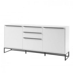 Buffet LUARD blanc laque mat 2 portes 3 tiroirs piétement en métal noir