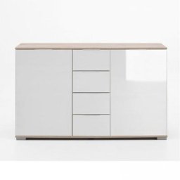 Commode ENSSE 4 tiroirs 2 portes chêne et verre blanc