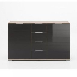 Commode ENSSE 4 tiroirs 2 portes chêne et verre gris