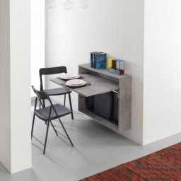 Bureau/Table Extensible mural Gris Béton avec 3 chaises intégrées
