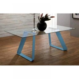 MELODIE II Table repas plateau en verre piétement bleu