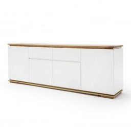 Buffet CHARLY 4 portes 2 tiroirs laqué blanc mat plateau et socle chêne noueux