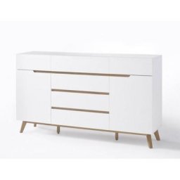 Buffet CACHAN blanc laqué mat 6 tiroirs 2 portes piétement en chêne