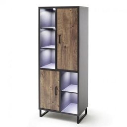 Vitrine HALTON 2 portes éclairage LED décor chêne barrique noir cosmos