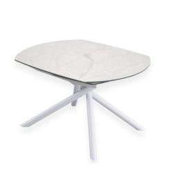 Table de repas extensible MIKADO plateau céramique marbre blanc collé sur verre trempé, piétement en métal blanc mat