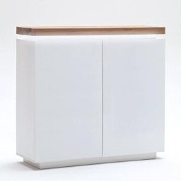 Buffet haut ROMINA 2 portes laqué blanc mat plateau chêne noueux huilé