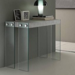 Table console extensible ICEBERG mélaminé gris ciment avec piétement en verre 10 mm.