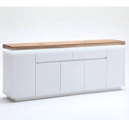 Buffet ROMINA 5 portes 2 tiroirs laqué blanc mat plateau chêne noueux huilé
