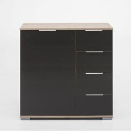 Commode ENSSE 4 tiroirs 1 porte chêne et verre gris