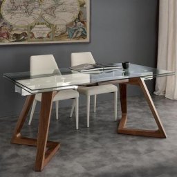 Table repas extensible GAUDI plateau en verre piétement bois massif teinté noyer 160/240 x 90 cm
