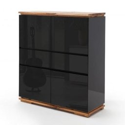 Buffet haut CHARLY 4 portes 2 tiroirs laqué noir brillant socle et plateau chêne noueux huilé