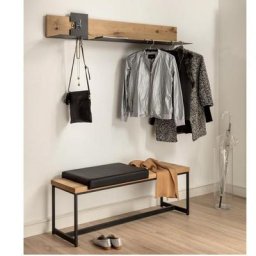 Banc design STYLE chêne Coussin cuir noir