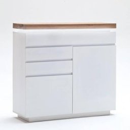 Buffet haut ROMINA 2 portes 3 tiroirs laqué blanc mat plateau chêne noueux huilé