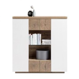 Buffet haut HERNING 114 cm laqué blanc mat décor chêne noueux 2 portes 2 tiroirs