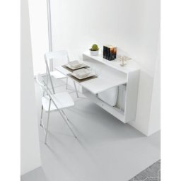 Bureau/Table Extensible mural blanc opaque avec 3 chaises intégrées blanche