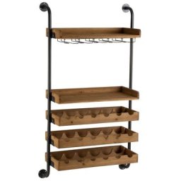 Étagère murale bouteilles et verres à vin FAKY en métal noir et bois naturel.