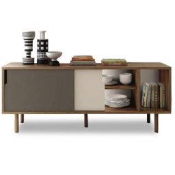 DANN buffet design noyer avec portes grise et blanche piétement noyer