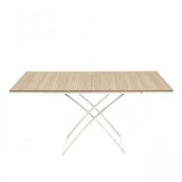 Table basse relevable extensible italienne MAGIC J en bois naturel et piétement en acier laqué blanc