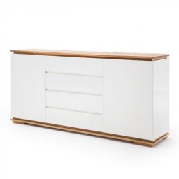 Buffet CHARLY 2 portes 4 tiroirs laqué blanc mat plateau et socle chêne noueux huilé