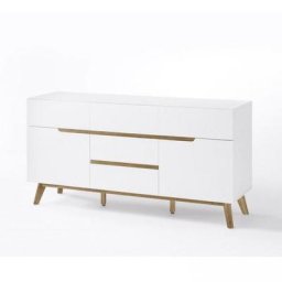 Buffet CACHAN blanc laqué mat 5 tiroirs 2 portes piétement en chêne