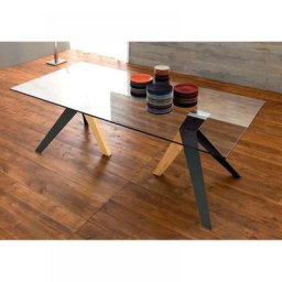 TRIO Table repas en verre, piétement en bois teinté naturel et noir