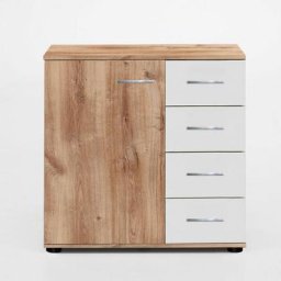 Commode combinée PARINI 4 tiroirs 1 porte chêne poutre et blanc