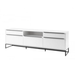 Meuble TV LUARD blanc laque mat 5 tiroirs 1 niche piétement métal noir
