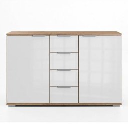 Commode ENSSE 4 tiroirs 2 portes chêne poutre et verre blanc