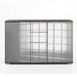 Commode ENSSE 4 tiroirs 2 portes chêne châtaigne et miroir