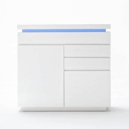 Buffet haut OCEAN laqué blanc brillant 2 portes 3 tiroirs LED inclus