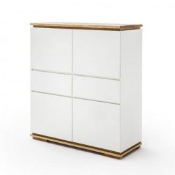 Buffet haut CHARLY 4 portes 2 tiroirs laqué blanc mat socle et plateau chêne massif