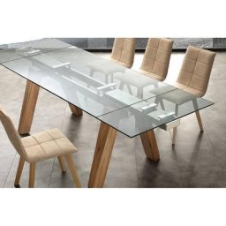 Table repas extensible DESIGNA plateau en verre piétement bois naturel massif