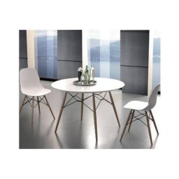 Table de repas SCHELL 100 cm mélaminé blanc satiné pied hêtre naturel
