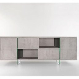 Buffet/Meuble TV design MADY 180cm gris béton portes coulissantes et piètement en verre
