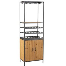 Armoire bouteilles et verres 2 portes FAKY en métal noir et bois naturel.