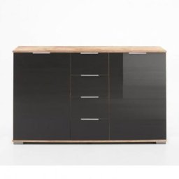 Commode ENSSE 4 tiroirs 2 portes chêne poutre et verre gris