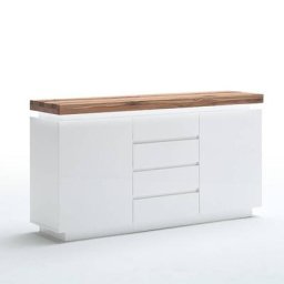 Buffet ROMINA 2 portes 4 tiroirs laqué blanc mat plateau chêne noueux huilé