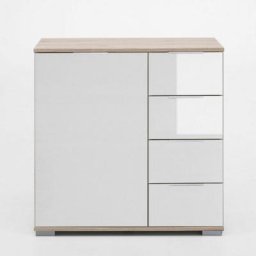 Commode ENSSE 4 tiroirs 1 porte chêne et verre blanc
