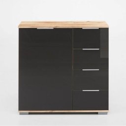 Commode ENSSE 4 tiroirs 1 porte chêne poutre et verre gris